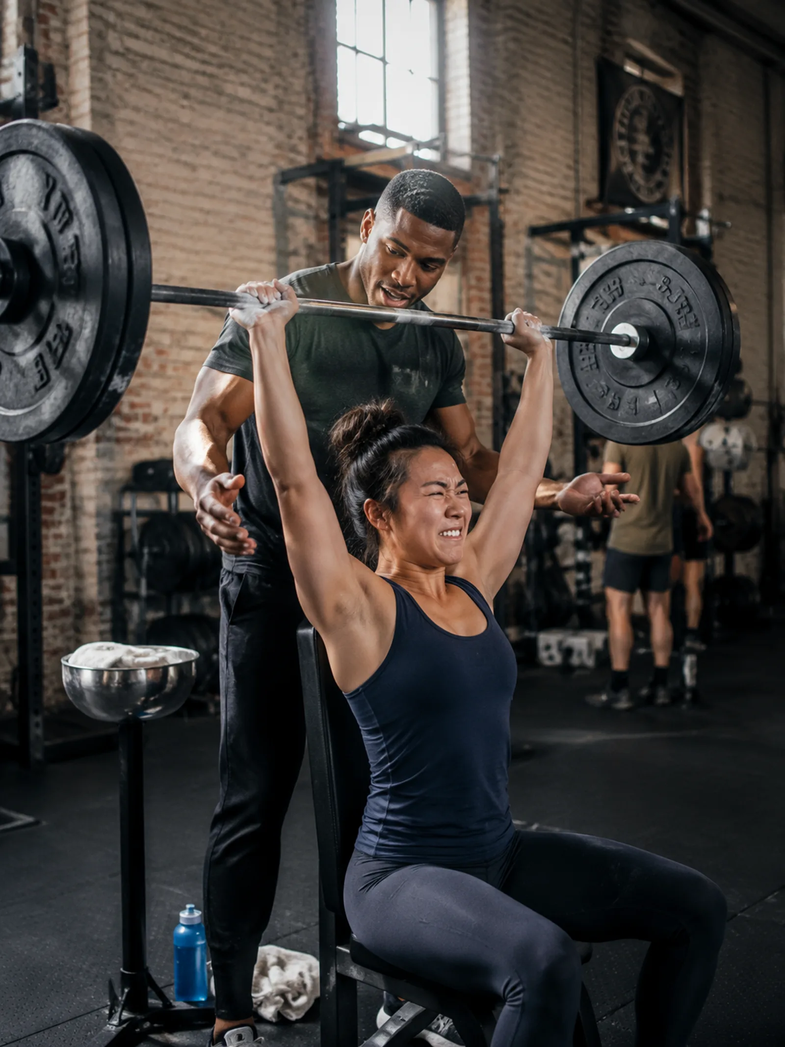 Two training partners spotting each other through a barbell lift in a Brooklyn gym